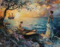 Seaside Conversation at Dusk original oil painting autumn art seashore women